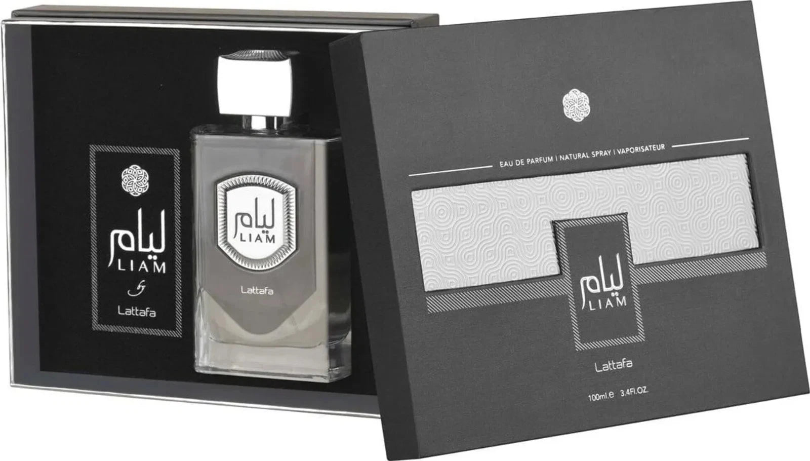 Das Lattafa Liam 100ml Unisex Parfum elegant präsentiert in seiner luxuriösen, grau-schwarzen Originalverpackung.