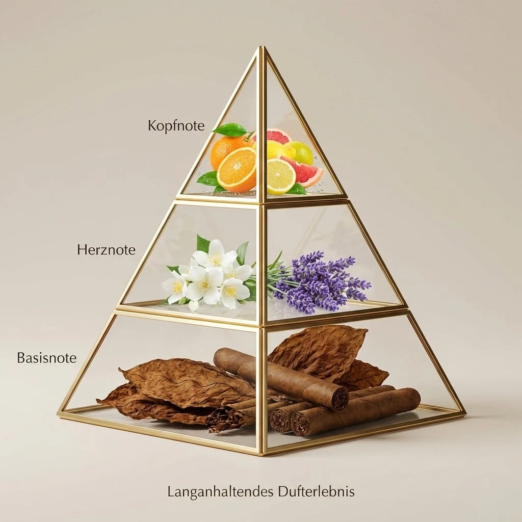 Visuelle Duftpyramide von Lattafa Najdia: Kopfnote mit Zitrus, Orange und Grapefruit, Herznote mit Lavendel und Jasmin, Basisnote aus maskulinen Tabakblättern.