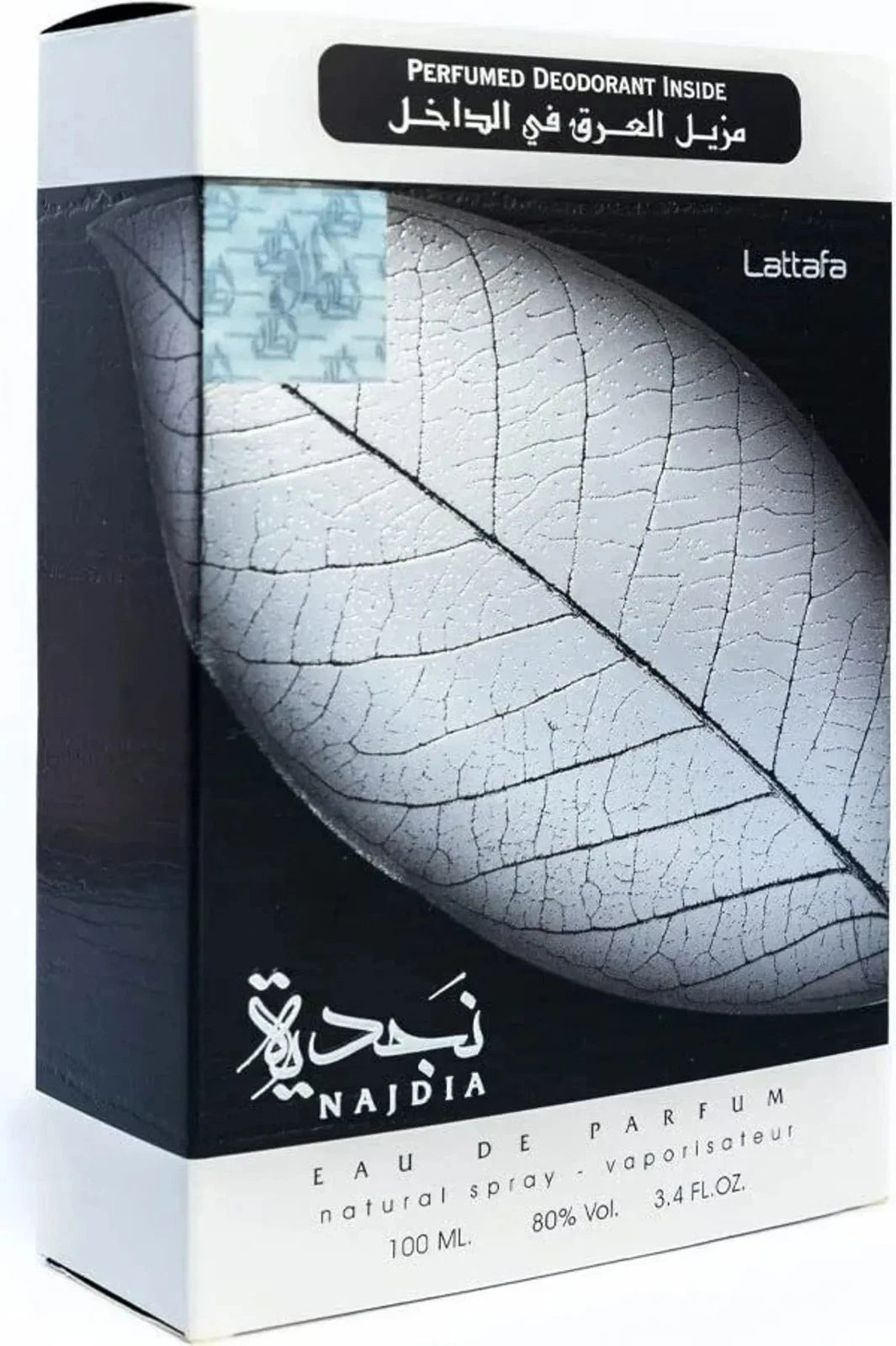 Das Lattafa Najdia 100ml Herren Parfum neben der dazugehörigen schwarz-weißen Originalverpackung mit dem markanten Blatt-Motiv.