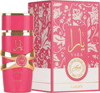Das Lattafa Yara Candy 100ml Damen Parfum neben der dazugehörigen, farbenfrohen rot-rosa Originalverpackung mit goldenen Akzenten.