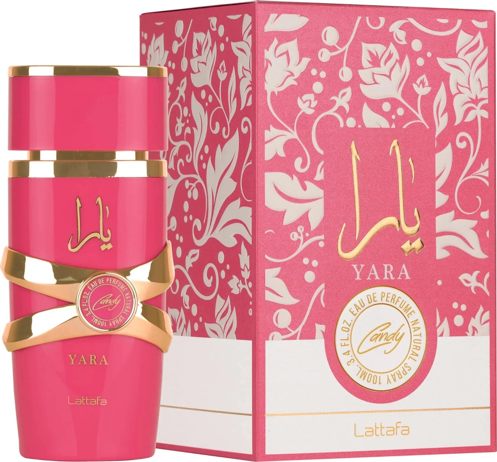 Das Lattafa Yara Candy 100ml Damen Parfum neben der dazugehörigen, farbenfrohen rot-rosa Originalverpackung mit goldenen Akzenten.