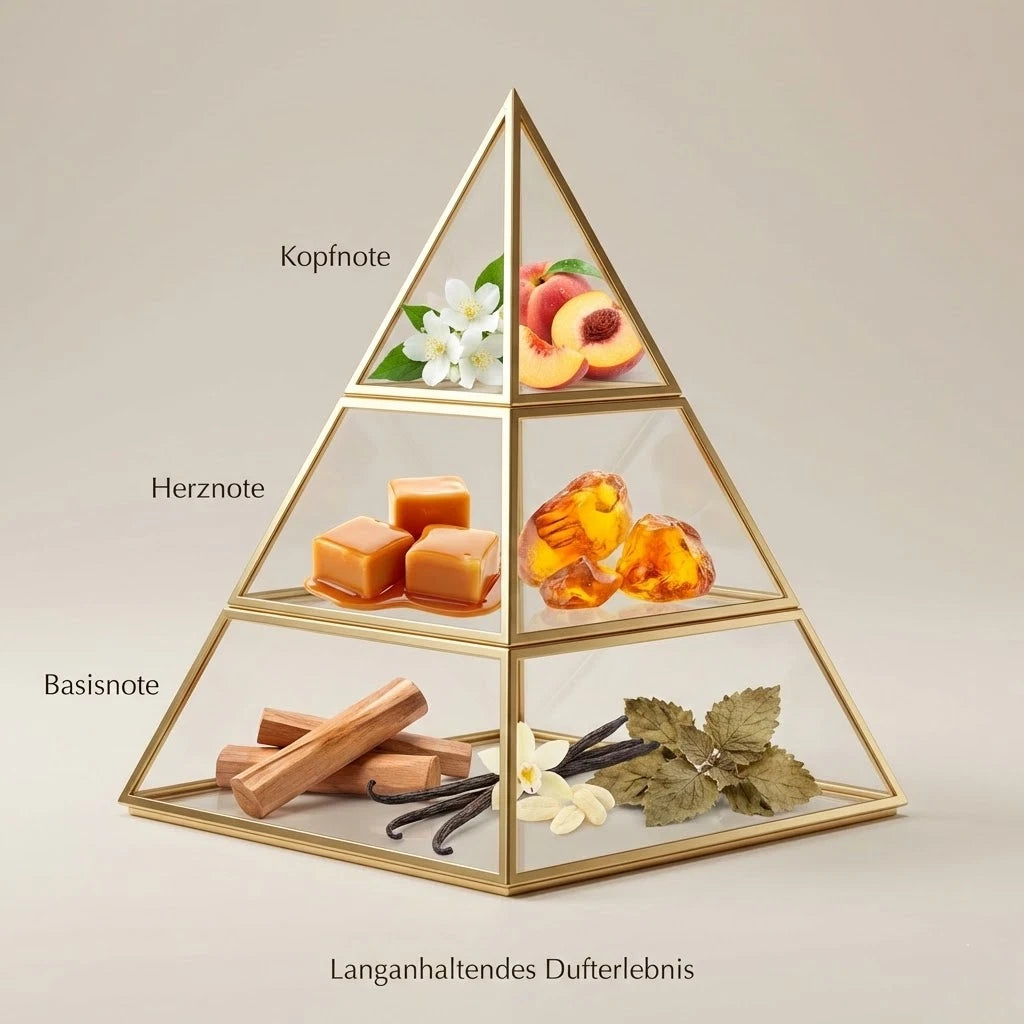 Visuelle Duftpyramide von Lattafa Yara Moi: Kopfnote mit Jasminblüten und Pfirsich, Herznote mit fließendem Karamell und Amber, Basisnote mit Sandelholz, Vanille und Patschuli.