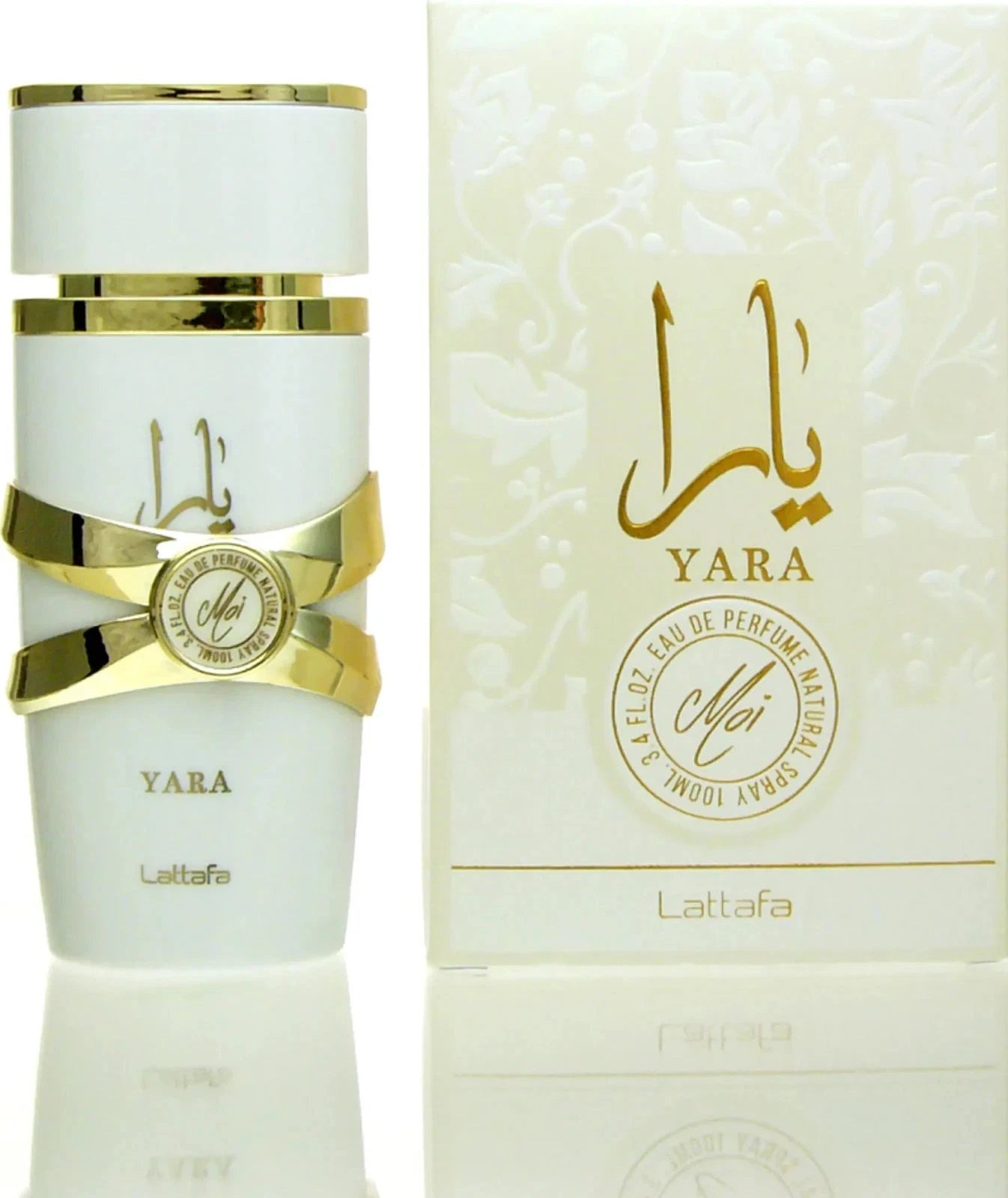 Das Lattafa Yara Moi 100ml Damen Parfum neben der dazugehörigen edlen, weißen Originalverpackung mit floralen, goldenen Verzierungen.
