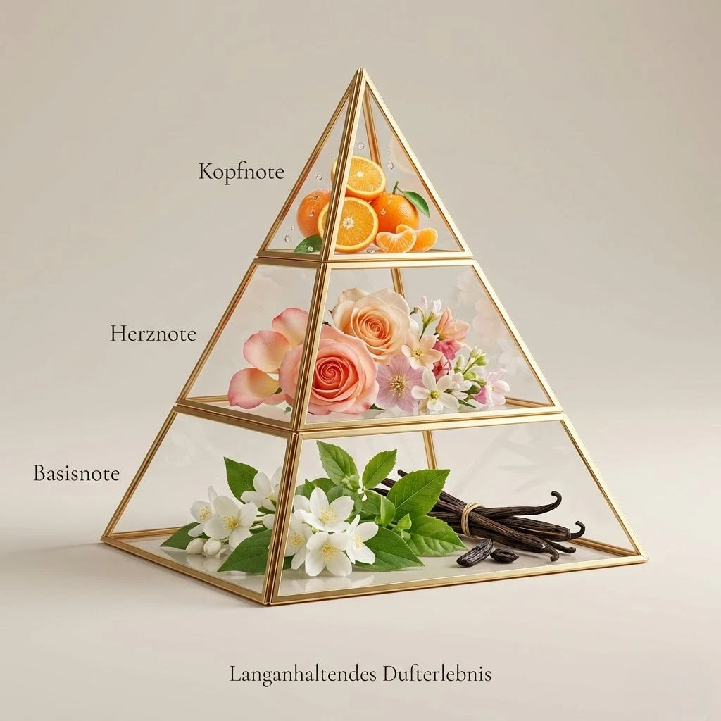 Visuelle Duftpyramide von Lattafa Yara: Kopfnote mit Mandarine und Orange, Herznote mit rosa Rosen, Basisnote mit cremiger Vanille und weißen Jasminblüten.