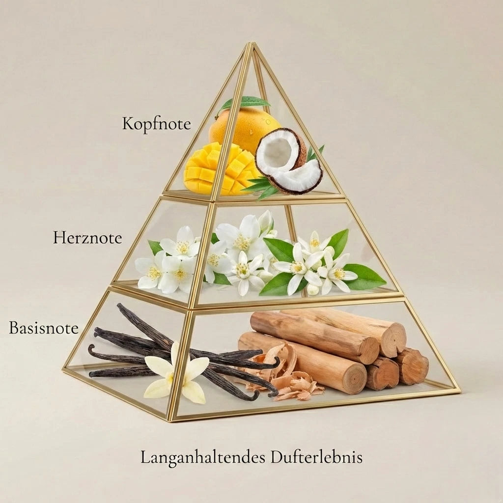 Visuelle Duftpyramide von Lattafa Yara Tous: Kopfnote mit Mango und Kokosnuss, Herznote mit weißen Jasmin- und Orangenblüten, Basisnote mit cremigem Sandelholz und Vanille.