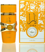 Das Lattafa Yara Tous 100ml Damen Parfum neben der dazugehörigen, sommerlich orangefarbenen Originalverpackung mit weißen und goldenen floralen Verzierungen.