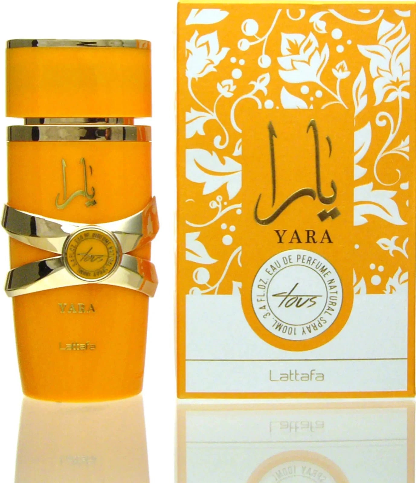 Das Lattafa Yara Tous 100ml Damen Parfum neben der dazugehörigen, sommerlich orangefarbenen Originalverpackung mit weißen und goldenen floralen Verzierungen.