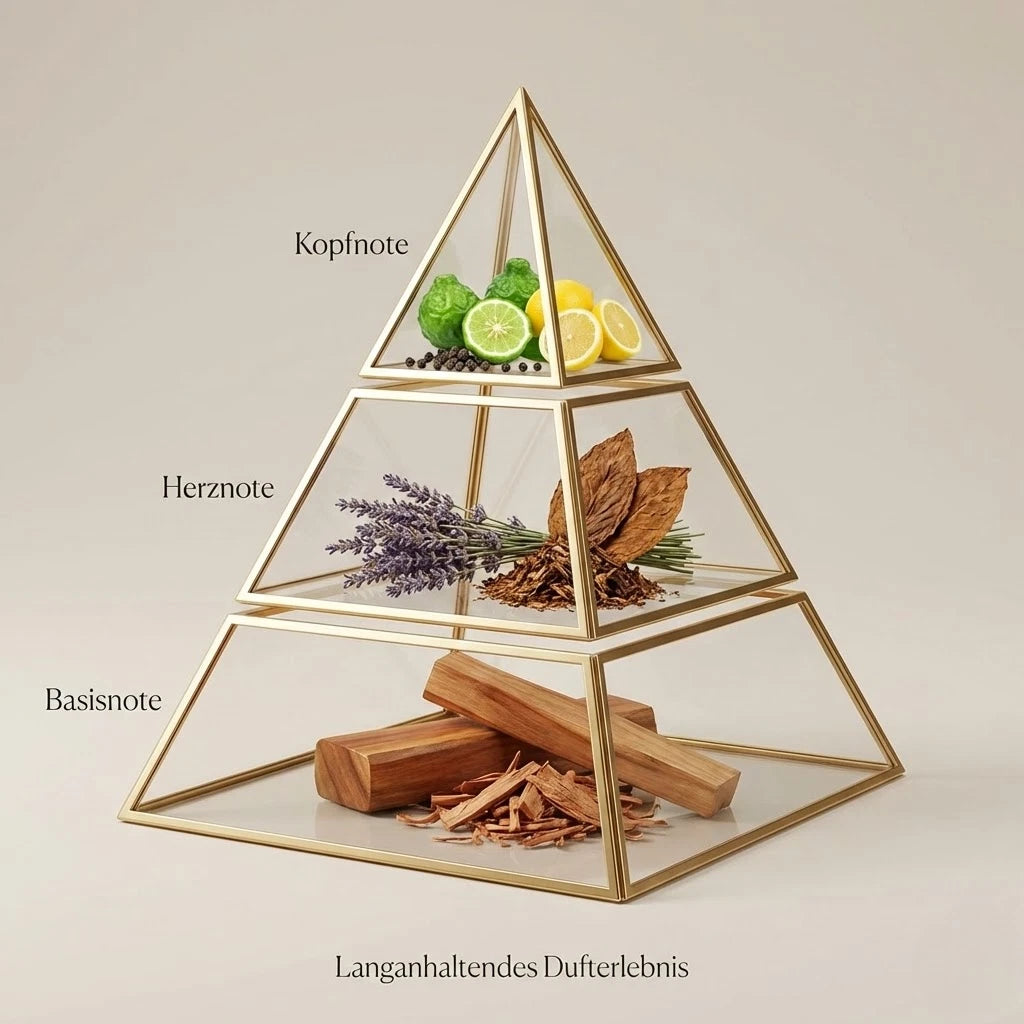 Visuelle Duftpyramide von Jorge Di Profumo: Kopfnote mit Zitrus und Pfeffer, Herznote mit Lavendel und Tabak, Basisnote mit edlem Sandelholz.