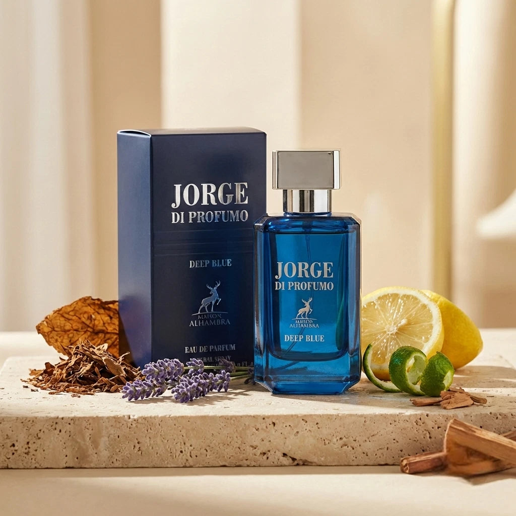 Stilvolle Präsentation des kompakten Jorge Di Profumo Flakons und der blauen Verpackung auf einem hellen Stein in einer modernen Umgebung.
