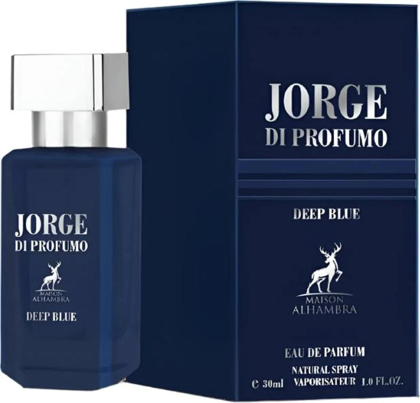 Das Maison Alhambra Jorge Di Profumo 30ml Herren Parfum neben der dazugehörigen dunkelblauen Originalverpackung.